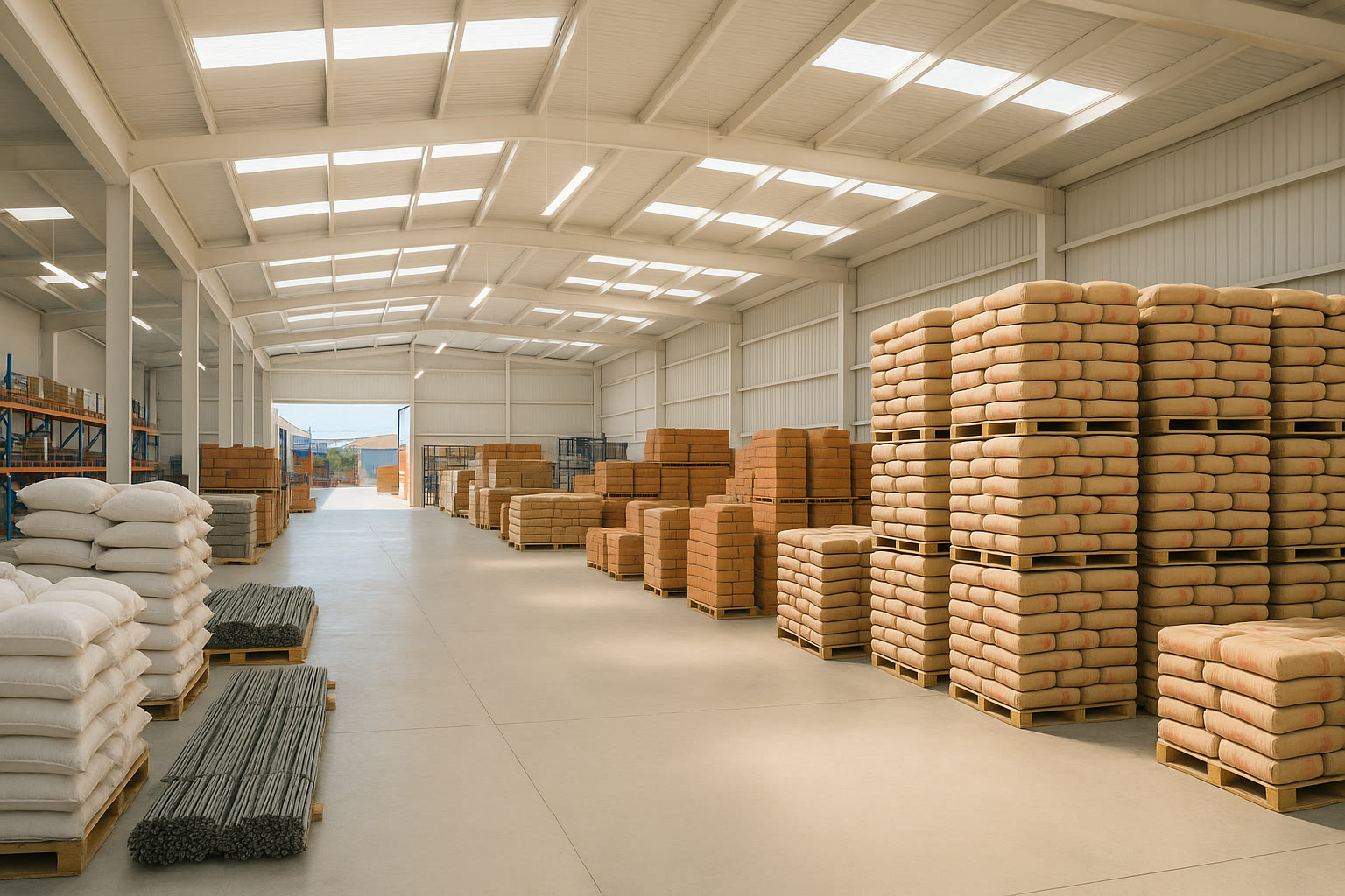 Bodega de Construago con pallets de cemento, varilla y materiales para construcción disponibles para entrega en Morelia